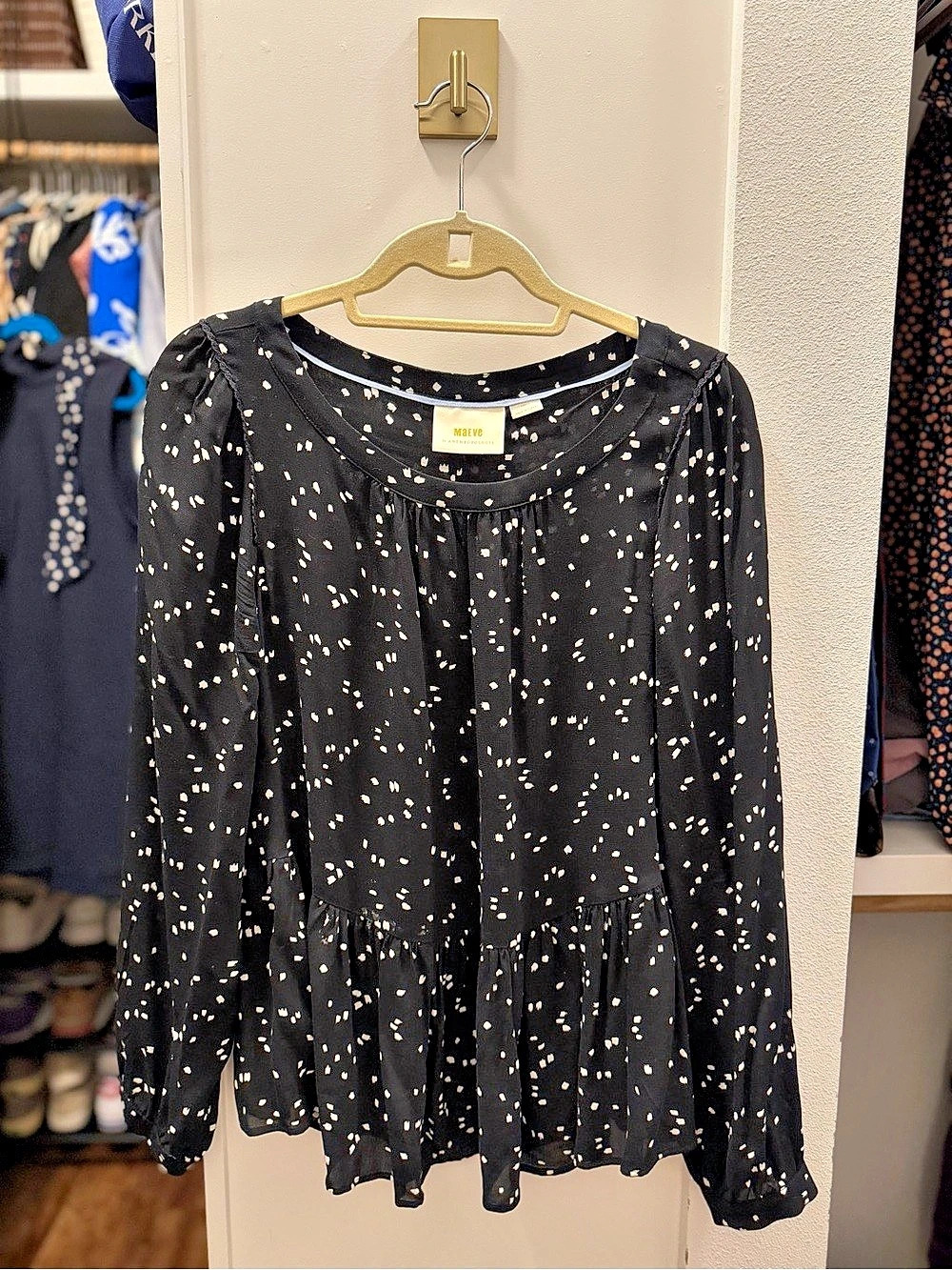 Maeve Anthropologie Black White Abstract Dot Peplum Blouse Small